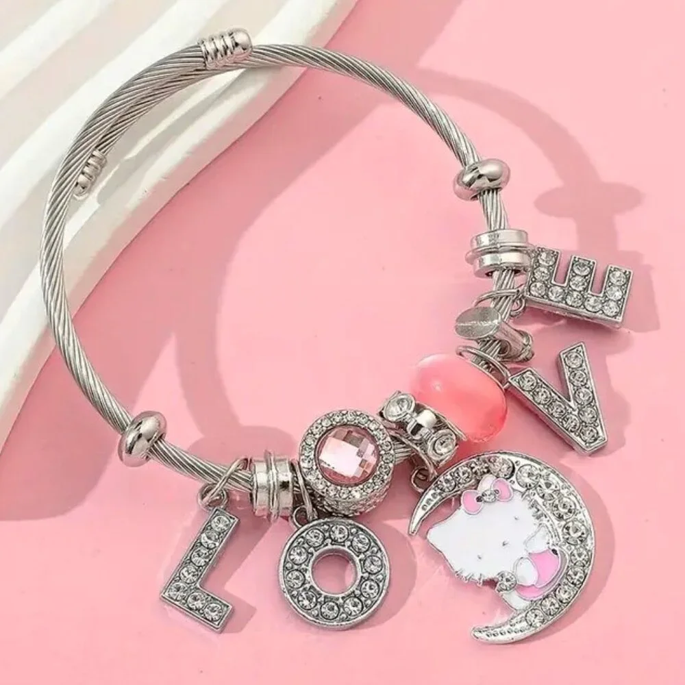 Hello Kitty Charm Bracelet Sanrio Rhinestone LOVE Moon Rave Emo Rave Beads Cute